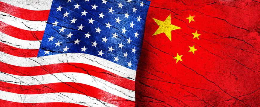 CHINA vs US conflict war background concept, Flags of usa or United States of America or USA and China on old cracked concrete background
