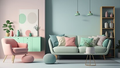 A Modern and Cozy Minimal Living Room with Pastel Colored Furniture and White Walls: Generative AI