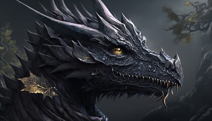 Mystic Black Dragon Closeup: Mythology Creature Dark Fantasy Illustration Art: Generative AI