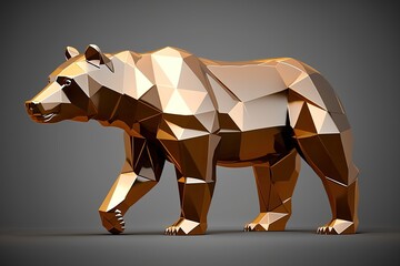 Grizzly Bear Low Poly Toy Sculpture: A Shiny, Multi-Faceted Animal Souvenir of Brown, Gold, and Wood. Generative AI