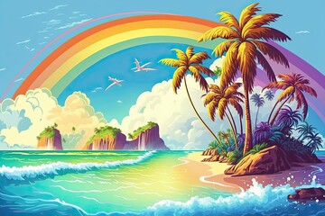 Fototapeta na wymiar Tropical Escape: An Island Paradise Brimming with Rainbow-Capped Coconut Palms, Vibrant Beachfronts and Fabulous Ocean Skies: Generative AI