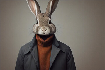 Rabbit head with human body with jacket on the shoulders and a sweater on chest.Generative AI.