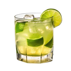 glass of caipirinha, mojito, lemonade, caipivodka with ice and lime, transparent background png