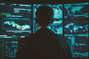 Man, Investor, Broker In front of Computer Screens Following Stock Market and Crypto Currency Graphs - Investment - Generative AI
