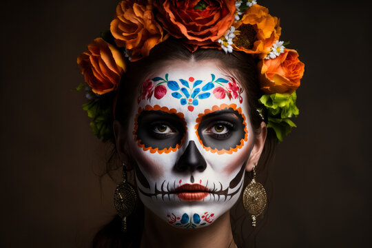 vPortrait of a woman wearing day of the dead mexican skull costume. Generative ai