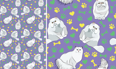 Persian cat on a playful violet background with bones, hearts, paws. Funky, colorful vibe, vibrant palette. Simple, clean, modern texture. Summer seamless pattern with cats. Birthday present.