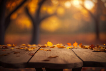 Naklejka na ściany i meble autumn background with table and leaves