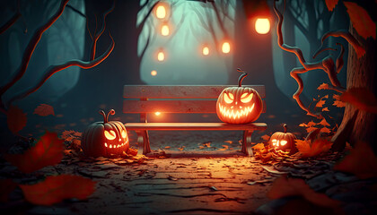 A spooky forest sunset with a haunted evil glowing eyes of Jack O' Lanterns on the left of a wooden bench, Generative AI

