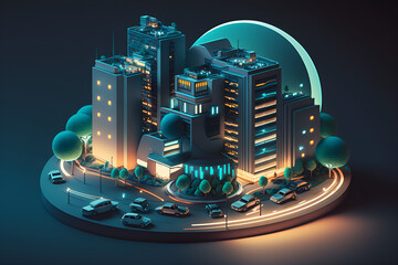 Small futuristic night city with skyscrapers, flying cars and illuminated signs, in a vector style. AI generated, digital art.