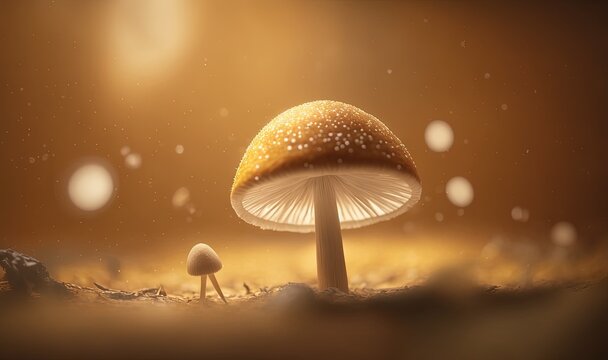  a small mushroom sitting on top of a dirt field next to a light brown background with bubbles of water on it and a small white mushroom standing on the ground.  generative ai