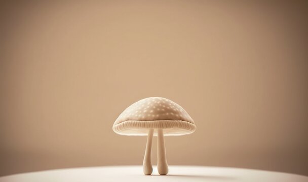  a small mushroom sitting on top of a white table next to a brown wall with a spot on the top of it's head.  generative ai