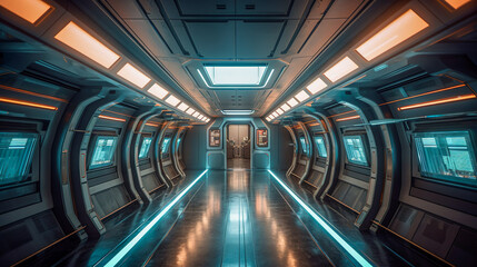 Naklejka premium Futuristic Design at Its Finest, a Large Hallway of the Future, Generative AI