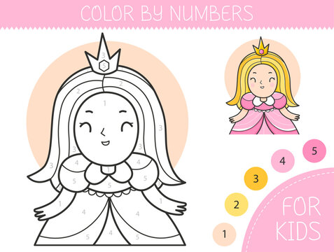 Color by numbers coloring page for kids with princess. Coloring book with cute cartoon girl princess with an example for coloring. Monochrome and color versions. Vector illustration.