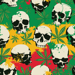 rastafarian flag of jamaica. Vector seamless pattern in retro style on the theme of legalize marijuana and human skulls. Color repeatable background with hemp leaves, cannabis plants