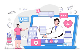 Telemedicine, virtual healthcare, remote medical help concept. Doctor and patient during online video calls. Outline design style minimal vector illustration for landing page, web banner, hero images