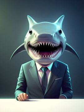 Homme d'affaires avec une t&ecirc;te de requin, repr&eacute;sentant la nature f&eacute;roce du monde des affaires. Notion de comp&eacute;tition. Rendu 3D
