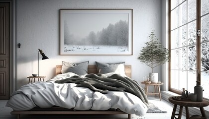 A cozy Scandinavian bedroom featuring a sleek wooden bed frame and crisp white bedding. generative ai