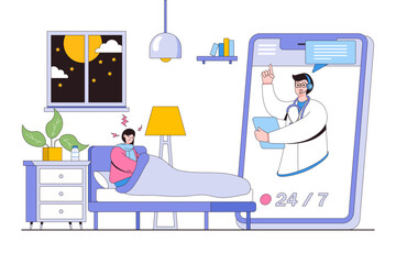 247 online doctor, telemedicine support concept. Patient having video call via smartphone with his doctor in the evening at bedroom. Outline design style minimal vector illustration for landing page