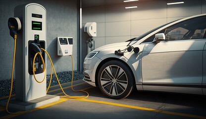 Fototapeta na wymiar Electric vehicle at charging station, EV Car with the power cable supply plugged in station energy