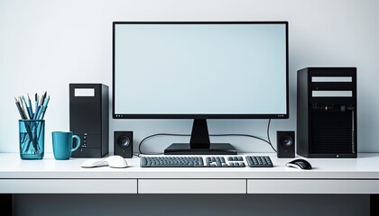 A receptionist's desk with a black computer monitor and keyboard contrasted against a white background. The computer screen displays a calm blue wallpaper, suggesting efficiency generative ai