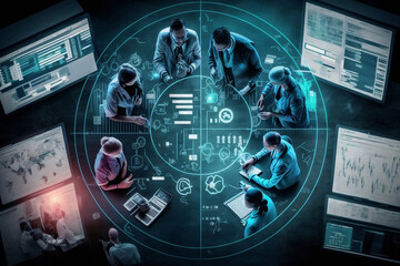 Planning, teamwork or overlay of doctors, nurse or medical healthcare digital data schedule in lobby top view, generative ai