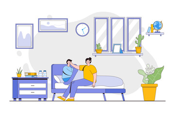 Childcare, motherhood concept. Mom taking care about sick child. Boy getting cold, suffering from flu, lying in bed with fever. Outline design style minimal vector illustration for landing page