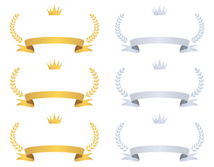 王冠とリボンのついた金と銀の月桂樹フレームセット