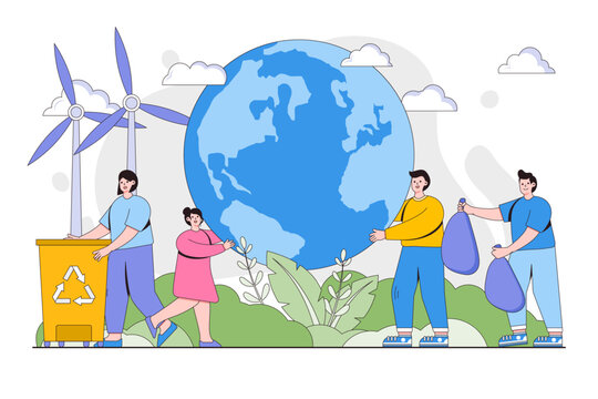 Recycling waste, renewable resources concept. Group of people cooperating for environmental protection and sustainability in a park. Earth day vector illustration for landing page, hero images