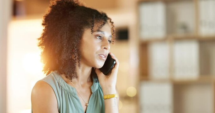 Phone call, computer and woman in office for business communication, technical support or online job at night. Professional biracial person or worker talking on cellphone or smartphone and desktop pc
