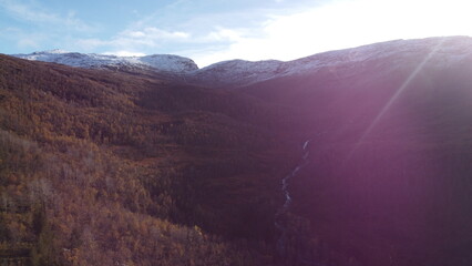 Mountains of Norway. Beautiful snowy mountains. Sun in the mountains.