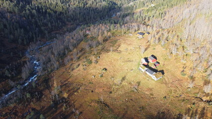 Beautiful house in the mountains. Huta in the mountains of Norway. Autumn