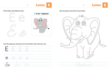 Letter E  - Tracing and coloring letters: Animals by alphabet series, helps children trace uppercase, lowercase and cursive letters (The designs are made with vector editable outlines)