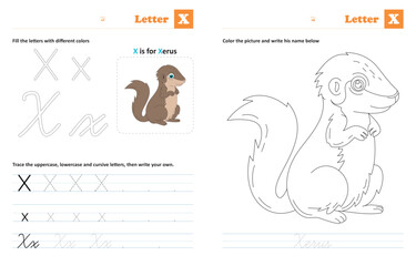 Letter X  - Tracing and coloring letters: Animals by alphabet series, helps children trace uppercase, lowercase and cursive letters (The designs are made with vector editable outlines)