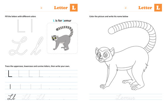 Letter L  - Tracing and coloring letters: Animals by alphabet series, helps children trace uppercase, lowercase and cursive letters (The designs are made with vector editable outlines)