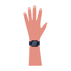 Obraz premium Human hand with smart watch or fitness bracelet. Vector isolated flat illustration of an arm with gadget.