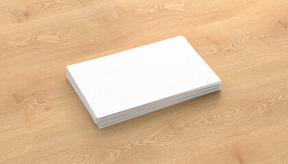 Business card mockup. Stack of business cards on wooden background. Side view