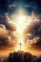Fototapeta premium Illustration of the Cross of Jesus on top of the mountain with fog and light effects Generative AI Illustration