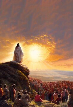 Illustration of Jesus speaking by parables to the people in a sunset environment Generative AI