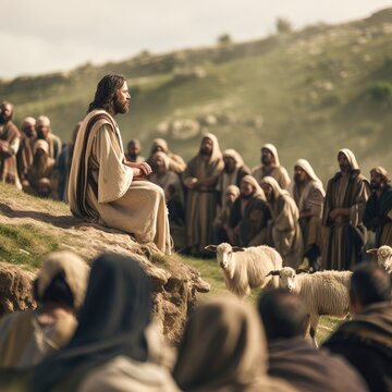 Jesus speaking to the people by parables on the mountain in the midst of nature Generative AI Illustration