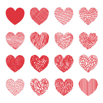 Hearts set. Doodle hearts sketch set. Various different hand drawn heart icon love collection isolated on white background. Red heart symbol for Valentines Day.