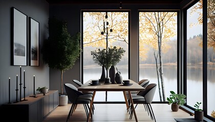 Illustration of a cozy modern minimalist dining room home interior with big windows on the side. 