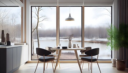 Illustration of a cozy modern minimalist dining room home interior with big windows on the side. 