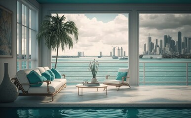 Impressive luxury penthouse terrace with a swimming pool overlooking Miami, generative AI.
