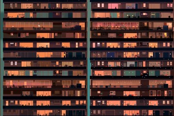Dusk's Mosaic Tapestry: Side View of Mid-Century Modern Apartment Building, Illuminating Existence Within - Seamless Tile Background, Tiling Landscape, Tileable Image, repeating pattern