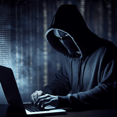 hacker with hoodie sits in front of a laptop and hacks