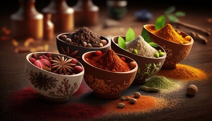 Different seasonings and spices in bowls, generative ai