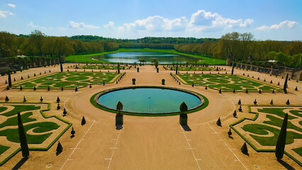 Estate of Versailles, Paris, France - April 20, 2018: aerial view of a designed garden in...