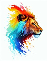 colorful watercolor style t shirt print with abstract animal design like lion, wolf and cute dog AI generated