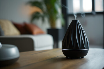 Ultrasonic electronic aroma diffuser on the background of a modern living room. Photorealistic illustration generated by AI.
