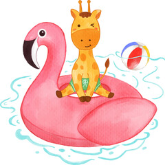 Giraffe sit on flamingo shape inflatable swim ring on water in swimming pool . Realistic watercolor paint with paper textured . Cartoon character design .